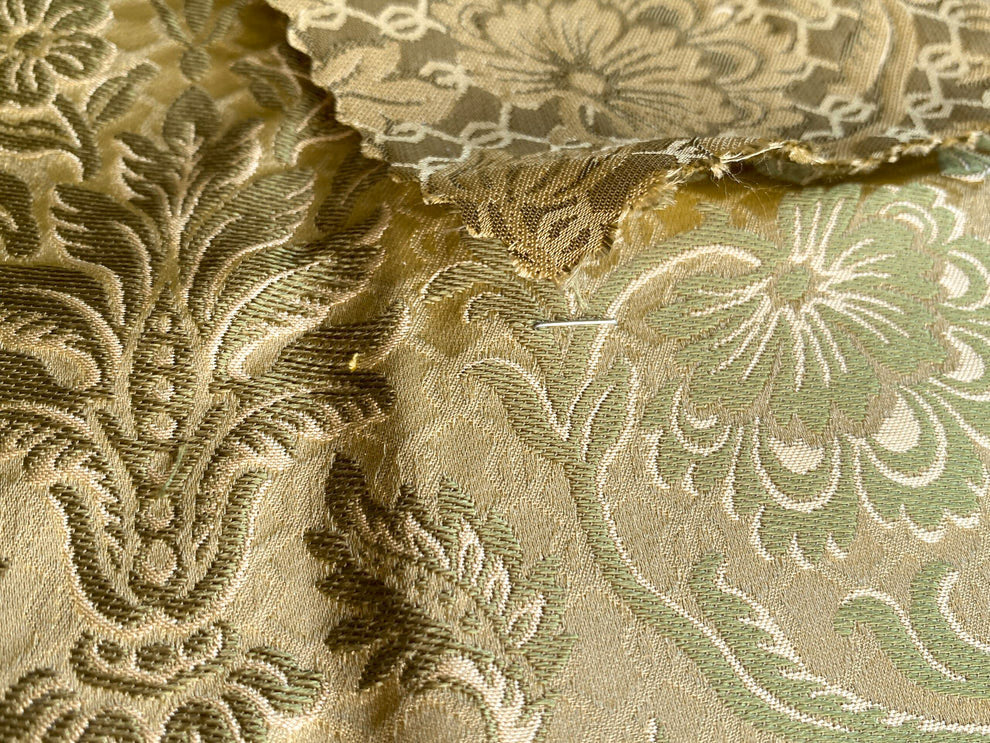 In Name of Rose Medallion Acanthus Renaissance Silk Damask Jacquard Pale Honeydew Green  & Gold MSRP USD 225/Y