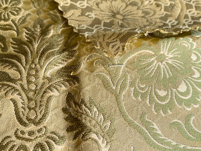 In Name of Rose Medallion Acanthus Renaissance Silk Damask Jacquard Pale Honeydew Green  & Gold MSRP USD 225/Y