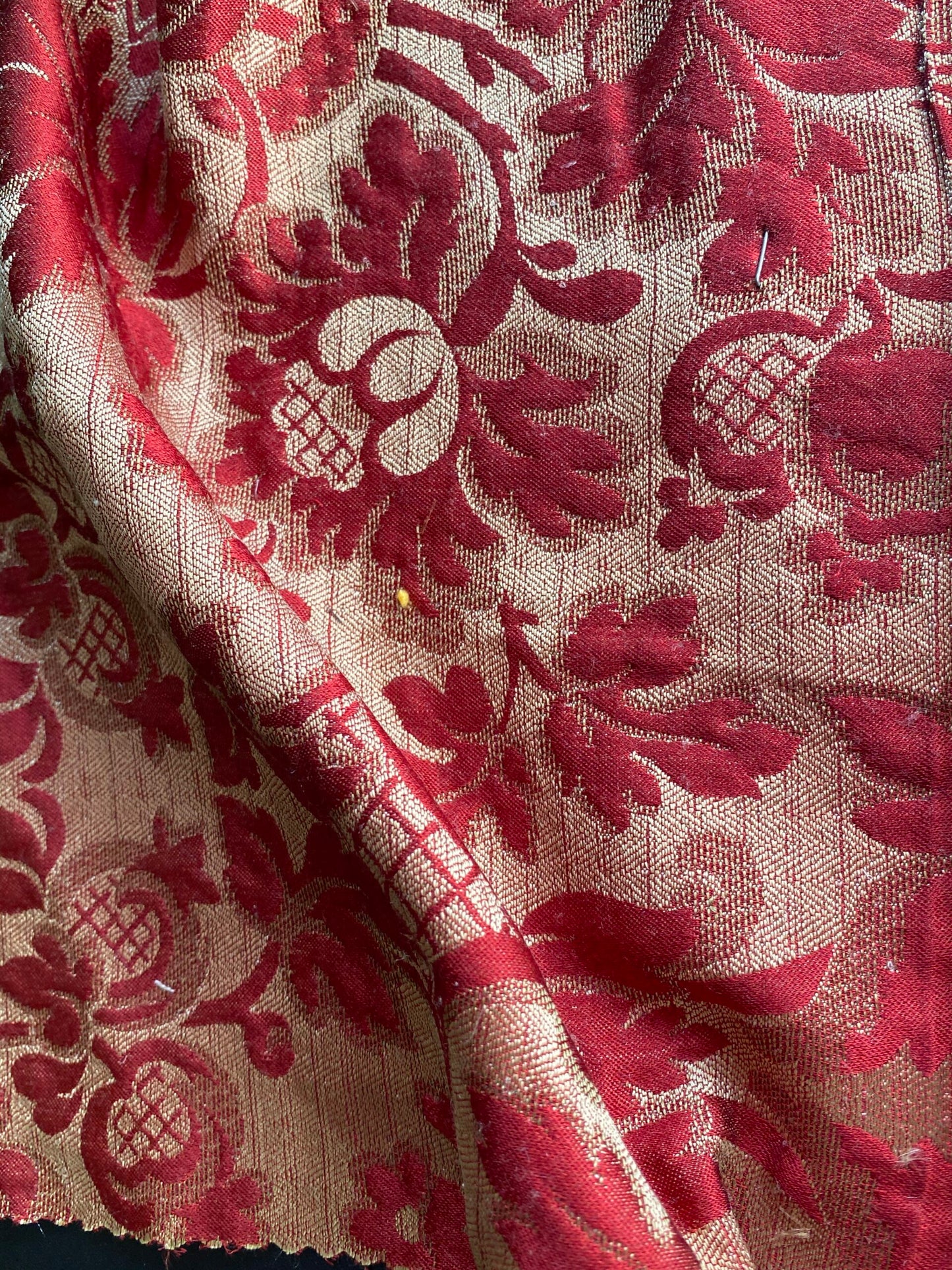 Designer Heritage Vine Pomegrante Silk Renaissance Matelassé Ruby Red Silver Gold 100% silk