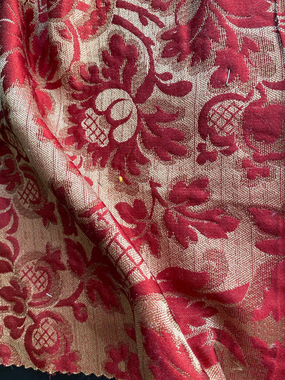 Designer Heritage Vine Pomegrante Silk Renaissance Matelassé Ruby Red Silver Gold 100% silk