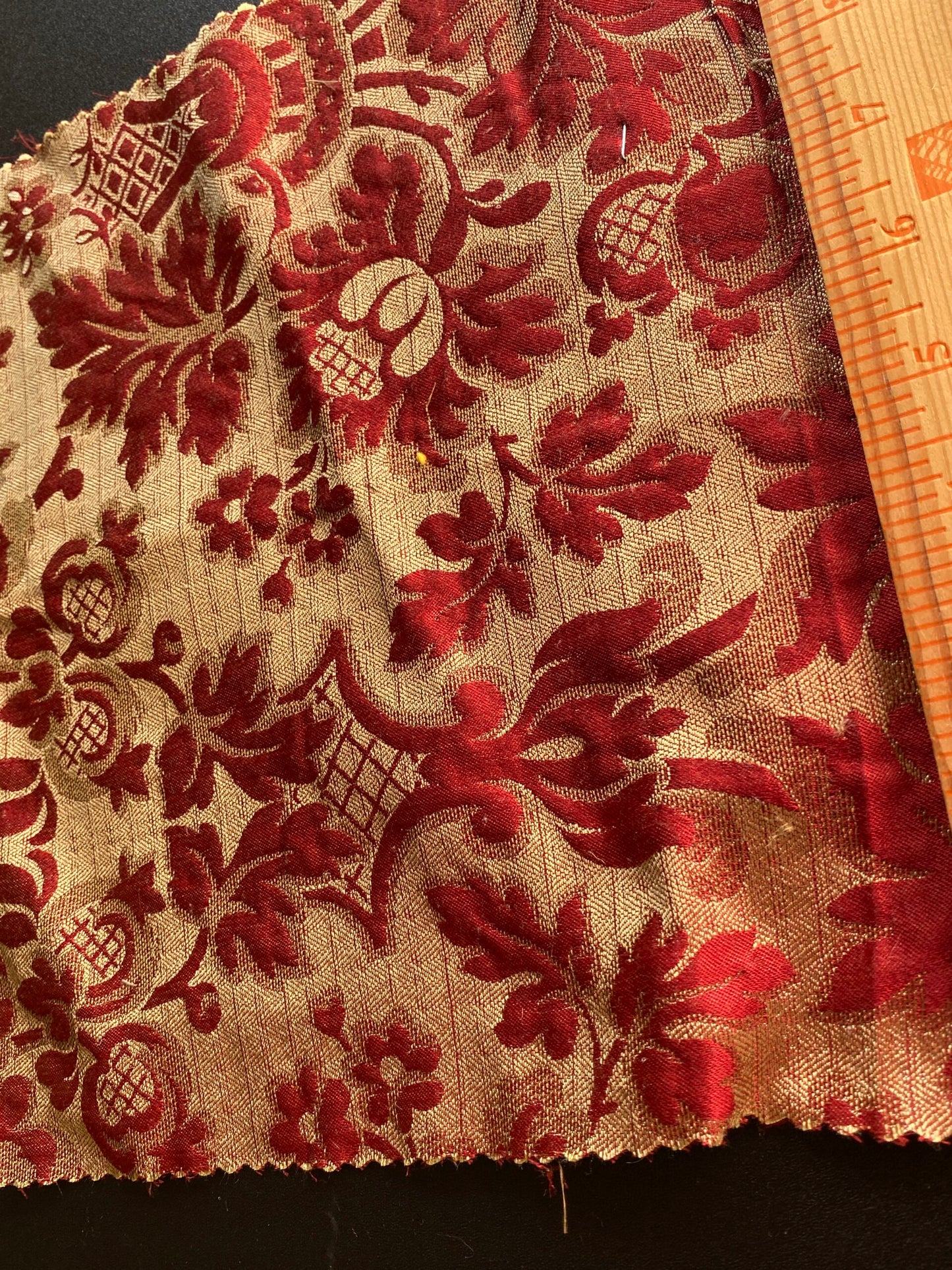 Designer Heritage Vine Pomegrante Silk Renaissance Matelassé Ruby Red Silver Gold 100% silk