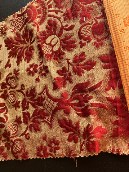 Designer Heritage Vine Pomegrante Silk Renaissance Matelassé Ruby Red Silver Gold 100% silk