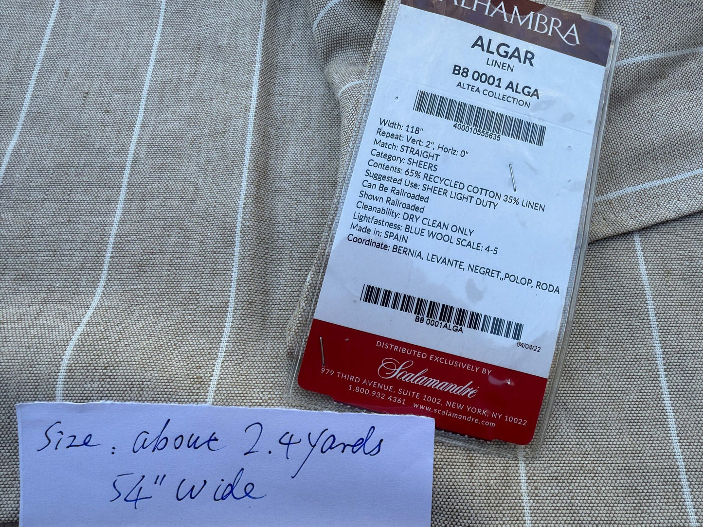 4 Berkbox109 Scalamandre Alhambra Algar Linen Beige Stripe Cotton  2.4yd x54" wide