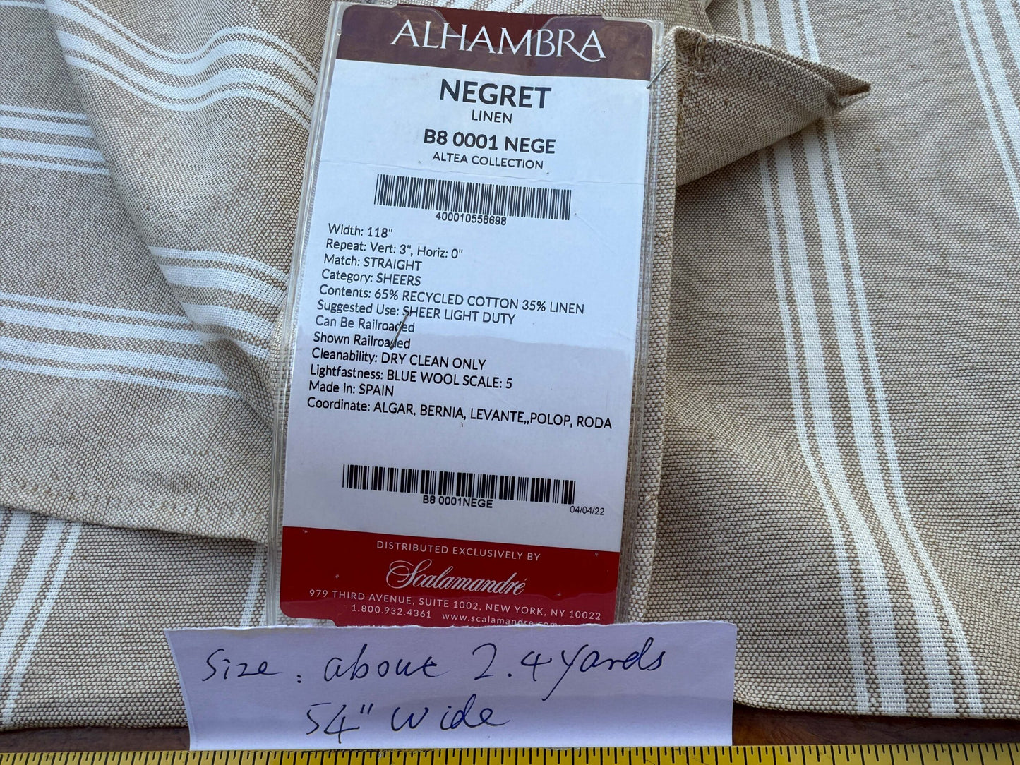 6 Berkbox109 Scalamandre Alhambra Negret Linen Beige White Cotton Stripe  2.4yd x54" wide