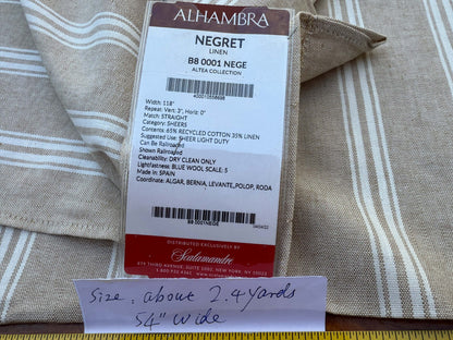 6 Berkbox109 Scalamandre Alhambra Negret Linen Beige White Cotton Stripe  2.4yd x54" wide