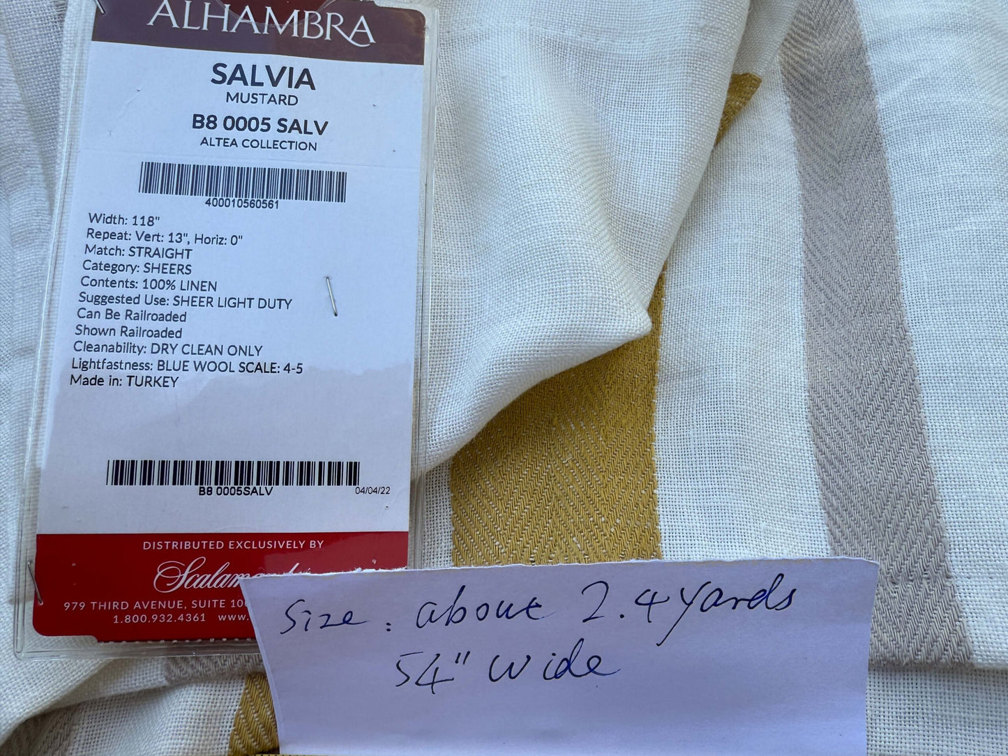 8 Berkbox109 Scalamandre Alhambra Salvia Mustard Linen White Gold Gray Stripe 2.4yd x54" wide