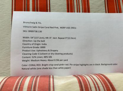 Brunschwig &amp; Fils Vilmorin Satin Stripe Coral Red Pink MSRP USD 290/y by yard