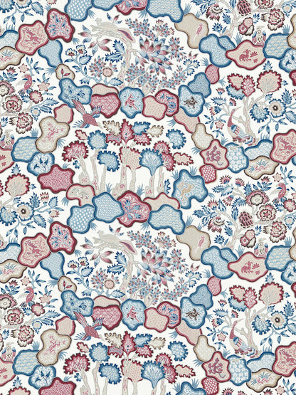 Scalamandre Old World Weavers Ziba Peacock Rose Red Blue White Mythical Animal Bird Peacock Rose Linen 2Y Minimum MSRP USD 416/y