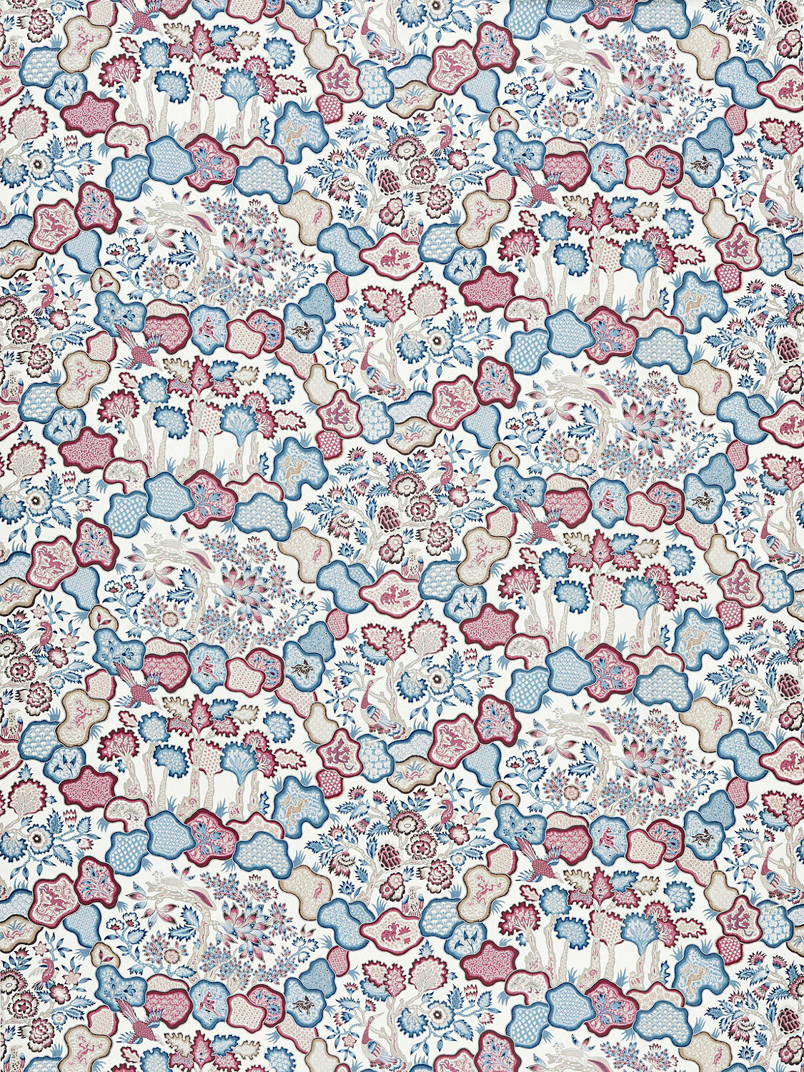 Scalamandre Old World Weavers Ziba Peacock Rose Red Blue White Mythical Animal Bird Peacock Rose Linen 2Y Minimum MSRP USD 416/y