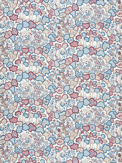 Scalamandre Old World Weavers Ziba Peacock Rose Red Blue White Mythical Animal Bird Peacock Rose Linen 2Y Minimum MSRP USD 416/y