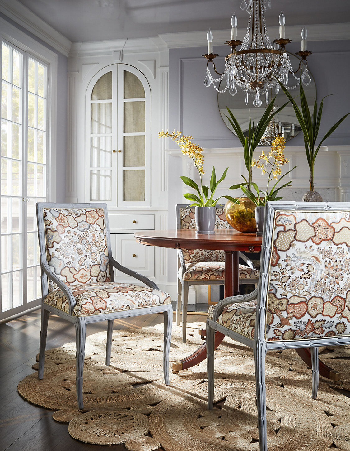 Scalamandre Old World Weavers Ziba Peacock Rose Red Blue White Mythical Animal Bird Peacock Rose Linen 2Y Minimum MSRP USD 416/y