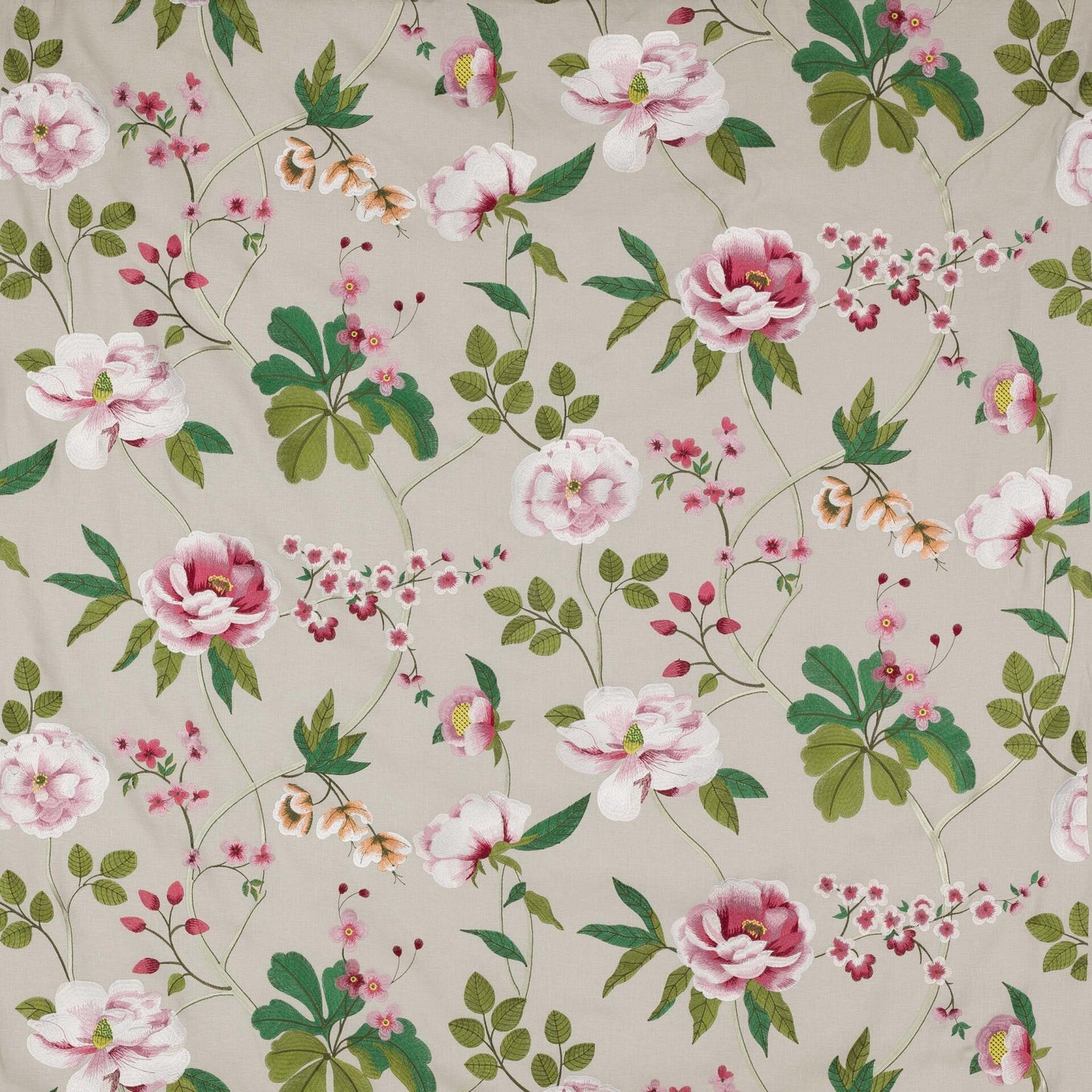 Manuel Canovas Paris Talmont Rose Embroidery Pink Green White on Beige Botanical Foliage MSRP USD364/y