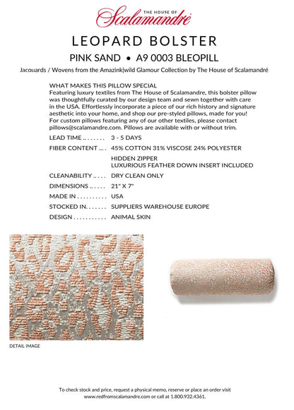 PILLOW 21"x7" Scalamandre LEOPARD BOLSTER PINK SAND Animal Skin MSRP USD339+