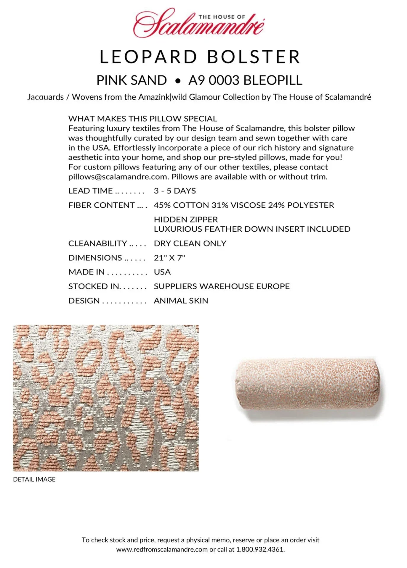 PILLOW 21"x8" Scalamandre LEOPARD BOLSTER PINK SAND Animal Skin MSRP USD339+