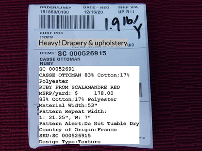 Scalamandre Casse Ottoman Ruby Dark Red Heavy Cotton MSRP USD 178/Yd