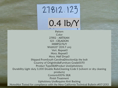 Kravet Couture Artisan Color:123 Celadon Green Silk Texture MSRP USD276/y