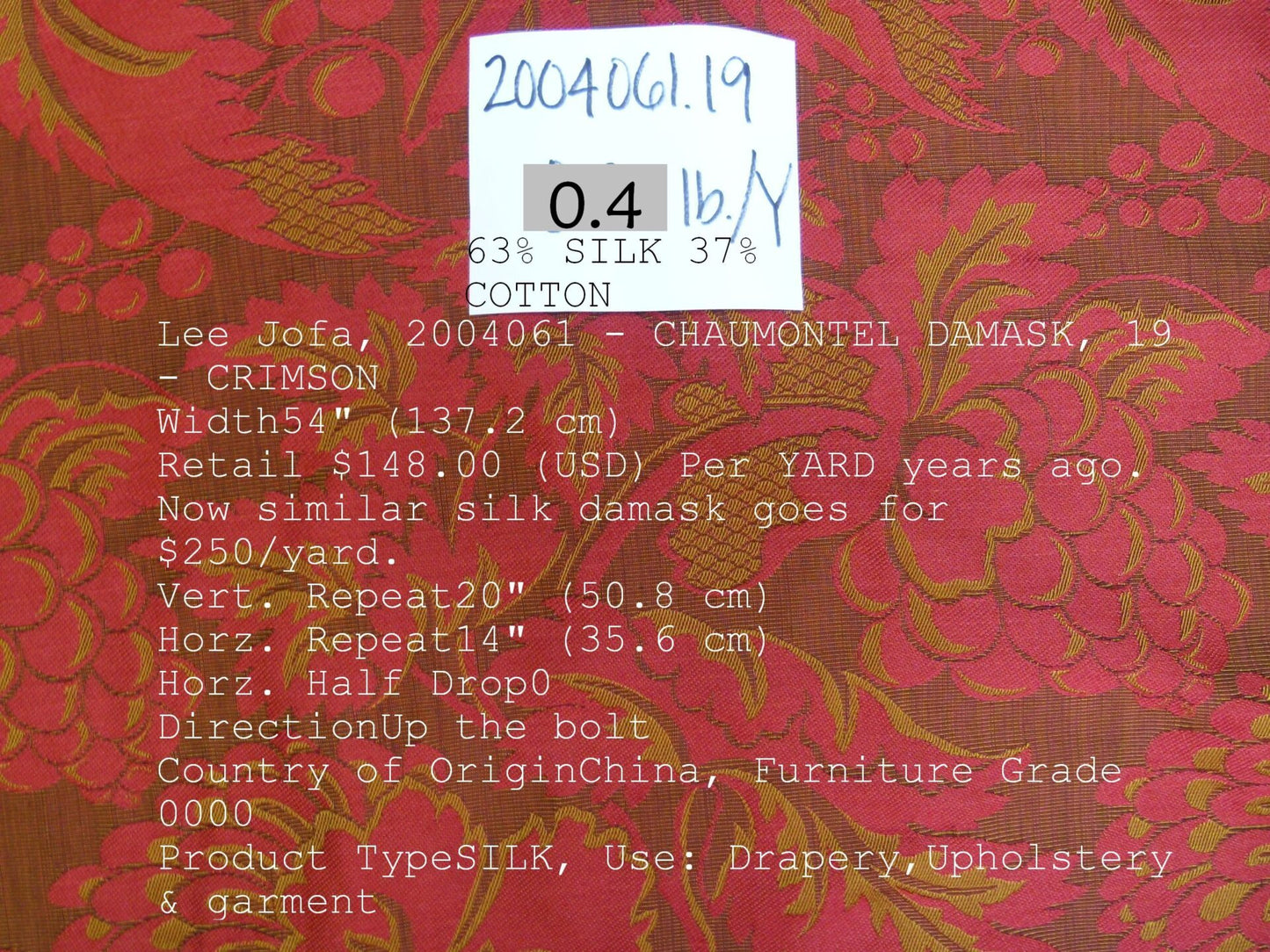 Lee Jofa Chaumontel Damask Color: 19 Crimson Red Silk Cotton Damask Grape Artichoke Vine MSRP USD 148