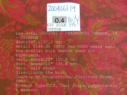 Lee Jofa Chaumontel Damask Color: 19 Crimson Red Silk Cotton Damask Grape Artichoke Vine MSRP USD 148