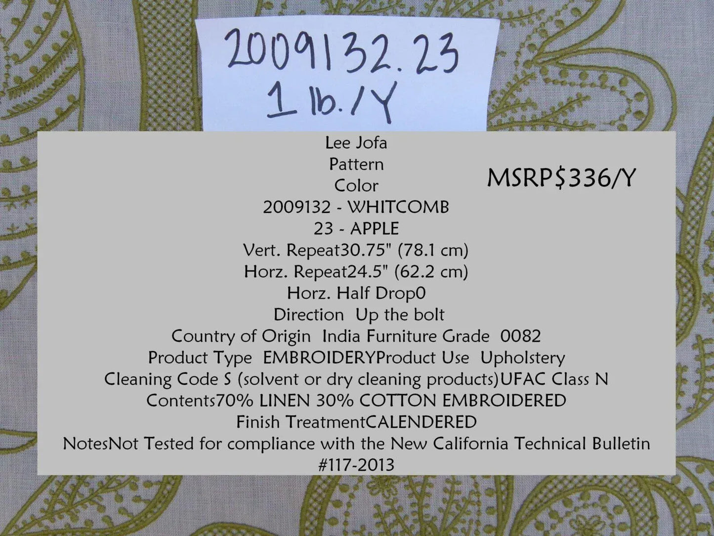 Lee Jofa Whitcomb Apple Green White Crewel Embroidery Linen Large Foliage MSRP USD 336Y