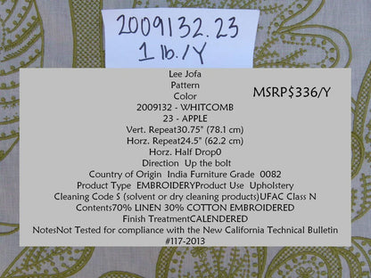 Lee Jofa Whitcomb Apple Green White Crewel Embroidery Linen Large Foliage MSRP USD 336Y