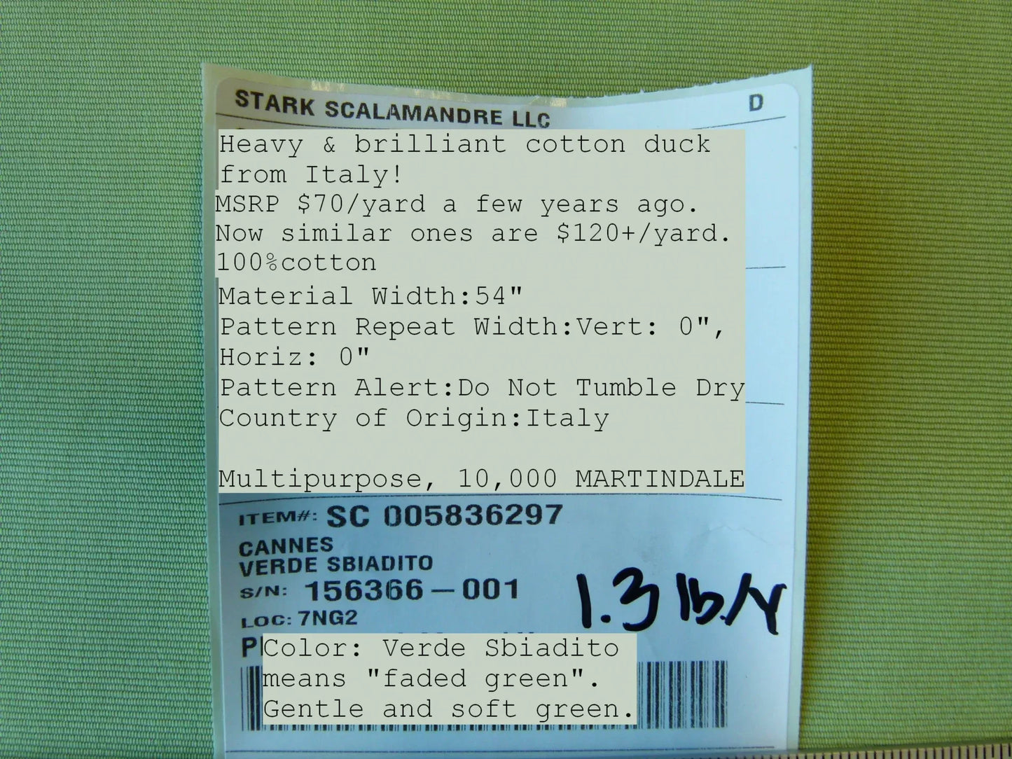 Scalamandre Cannes Verde Sbiadito Spring Green Cotton Italy MSRP USD 120/Y