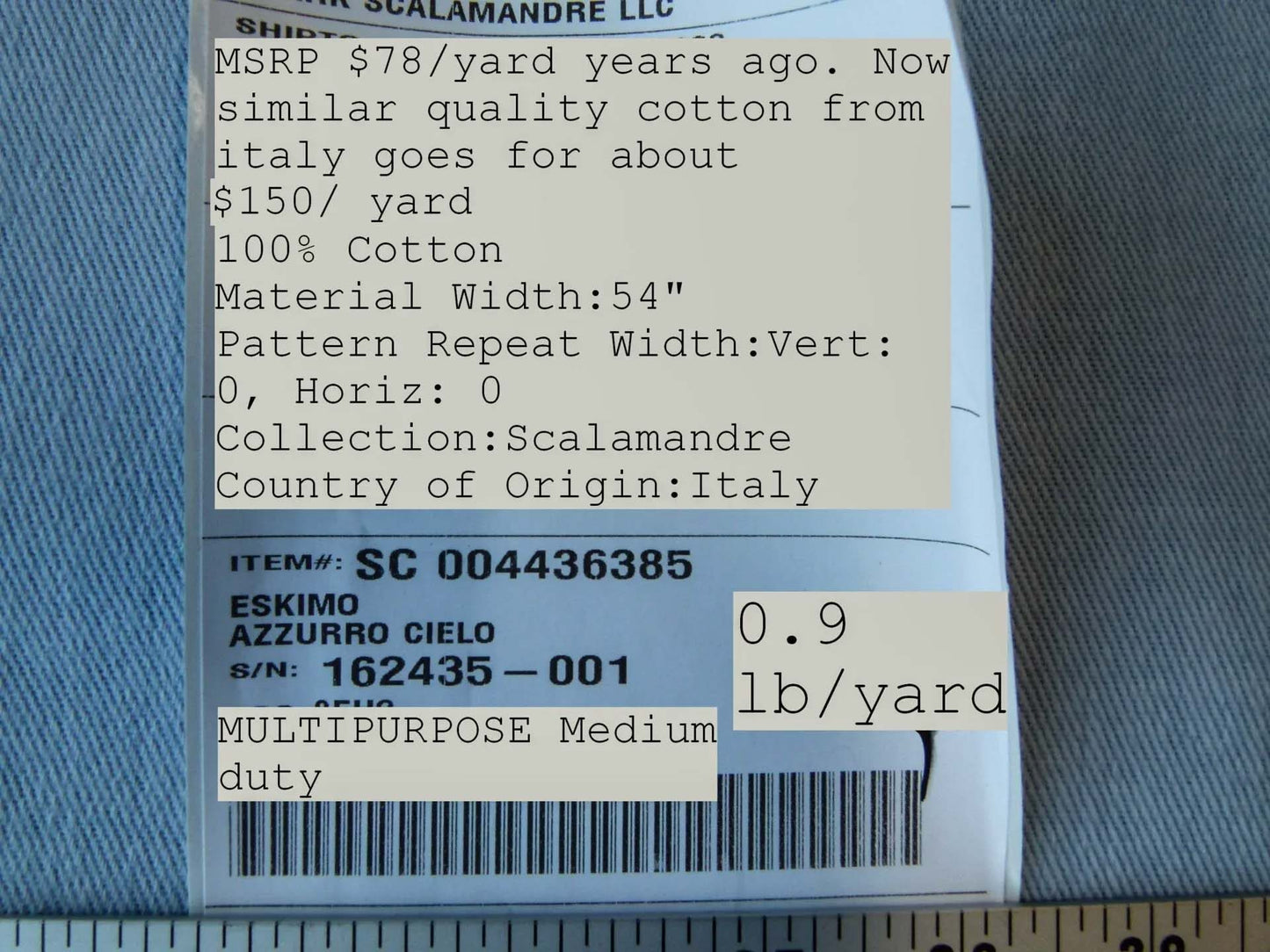 Scalamandre Eskimo Azzurro Cielo Sky Blue Cotton Heavy Duty MSRP USD 150/Y BTY