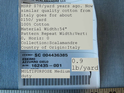 Scalamandre Eskimo Azzurro Cielo Sky Blue Cotton Heavy Duty MSRP USD 150/Y BTY