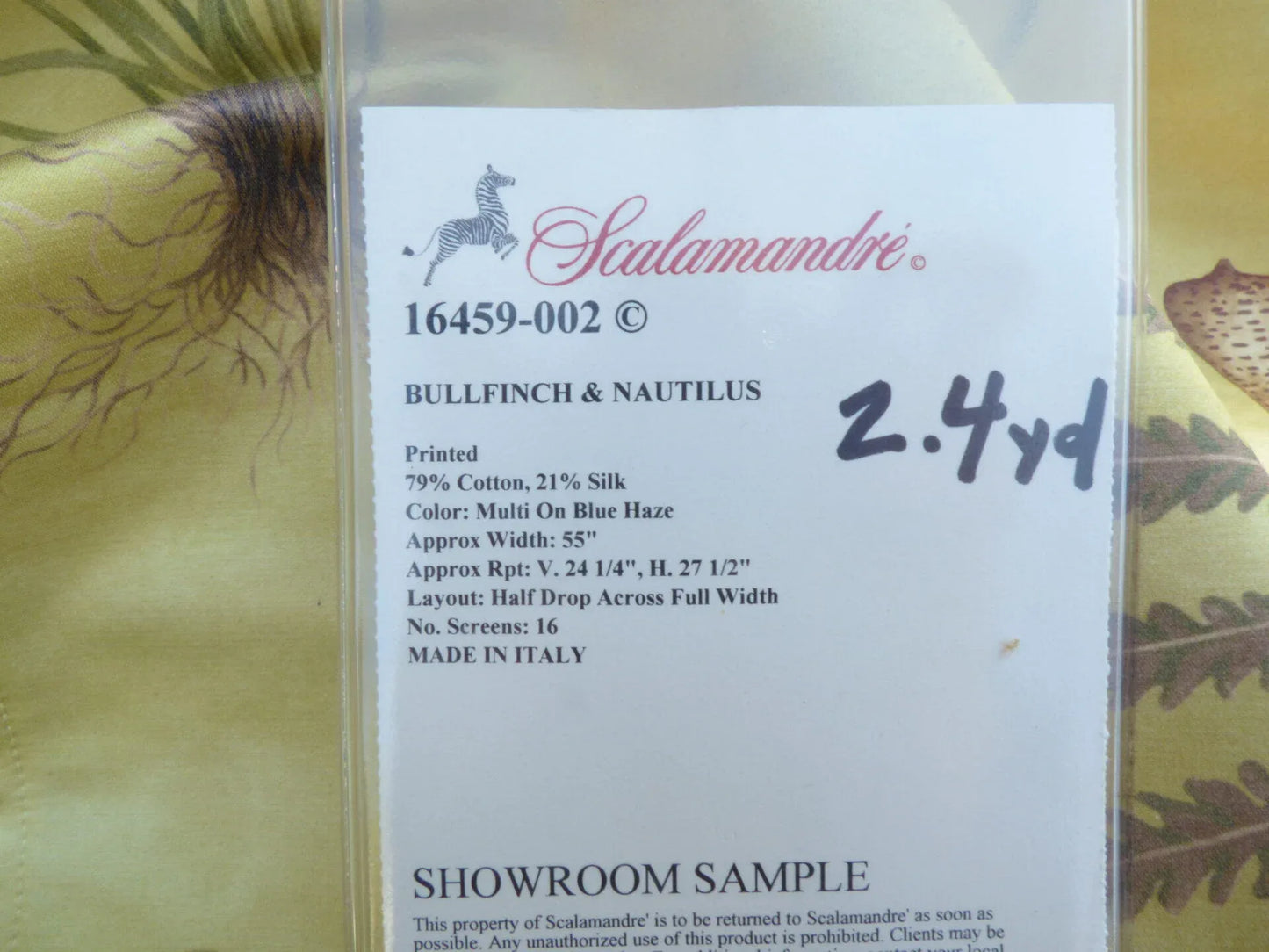 12 Berkbox50 Scalamandre Square Bullfinch &amp; Nautilus Multi On Blue Haze White Yellow Print 1.2+1.2 Yd MSRP USD 456/yard