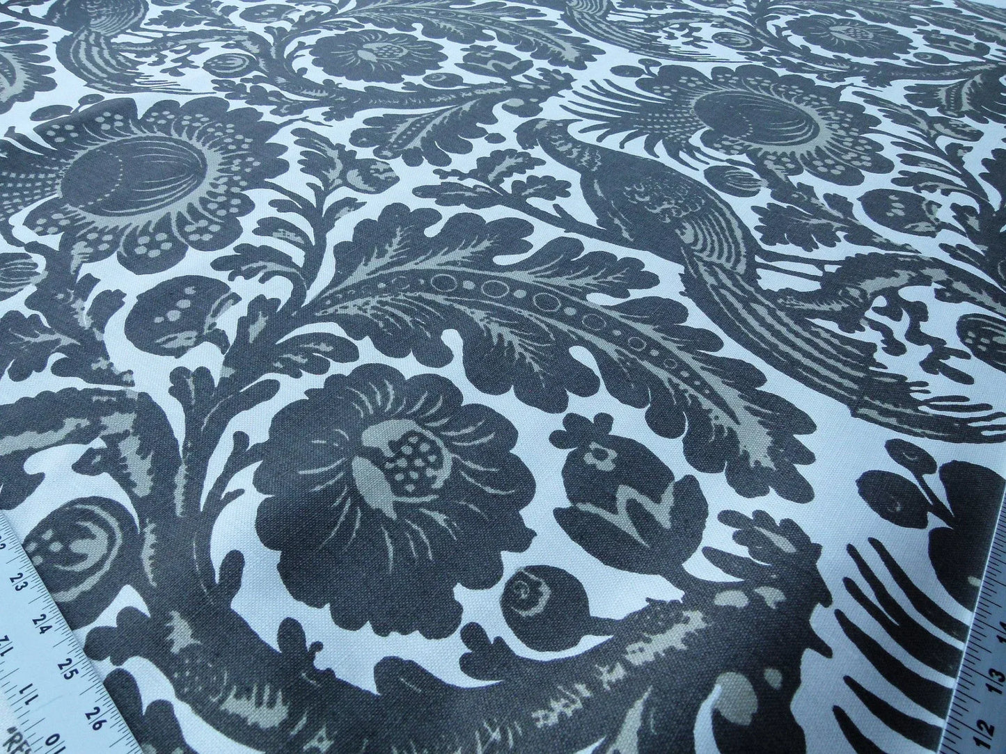 Scalamandre Resist Print Taupe Bird Tree of Life Gray White Pomegranate 100% Linen MSRP USD 300/Y