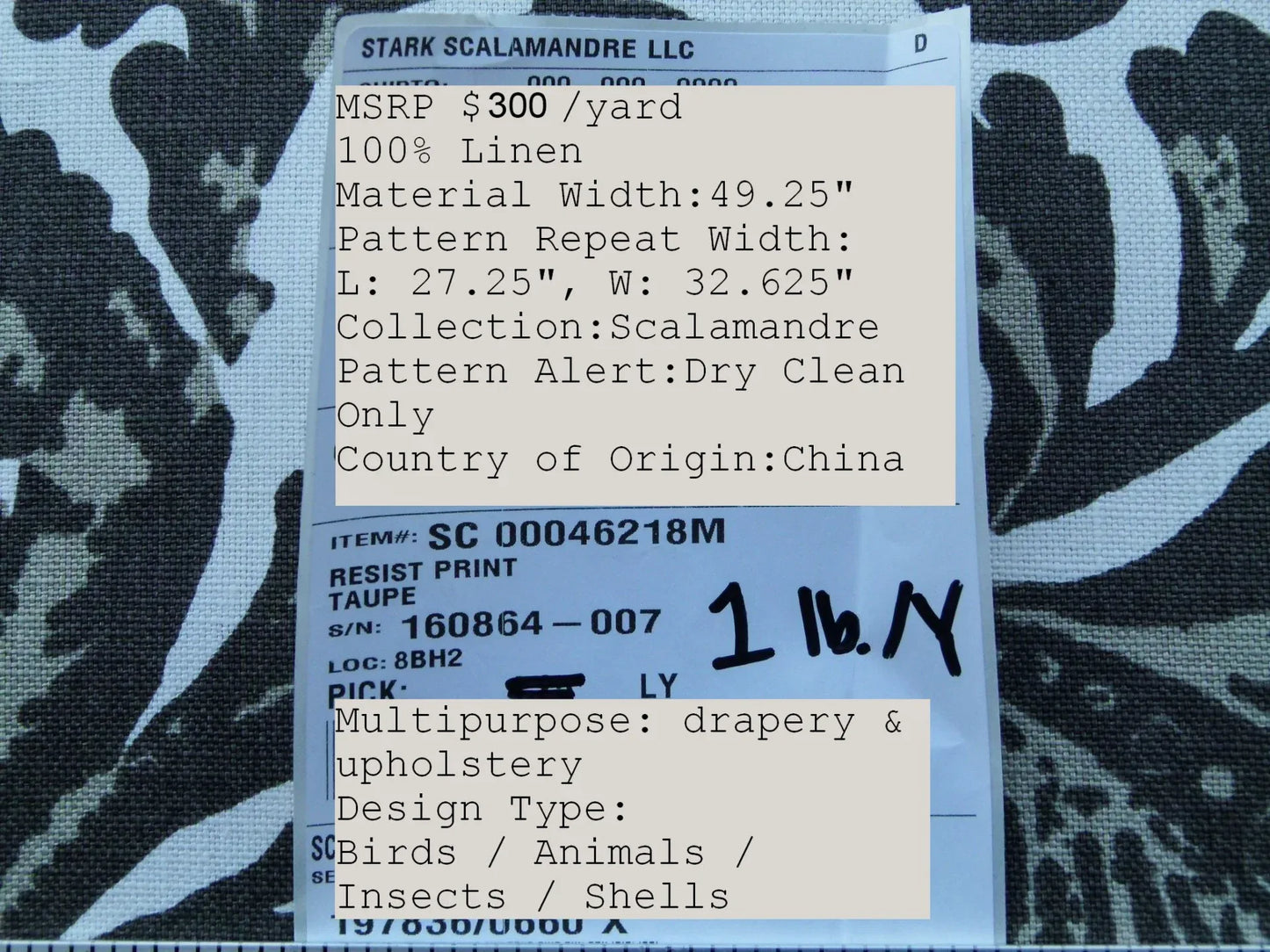 Scalamandre Resist Print Taupe Bird Tree of Life Gray White Pomegranate 100% Linen MSRP USD 300/Y