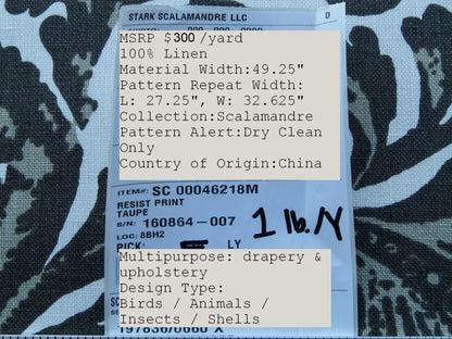 Scalamandre Resist Print Taupe Bird Tree of Life Gray White Pomegranate 100% Linen MSRP USD 300/Y