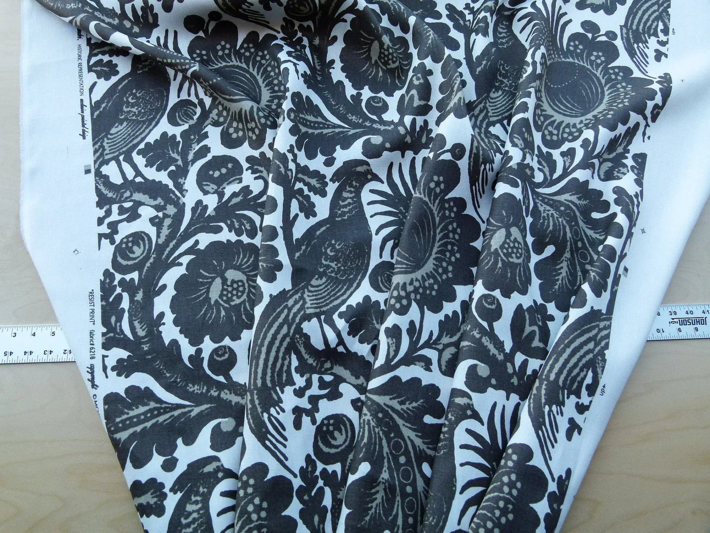 Scalamandre Resist Print Taupe Bird Tree of Life Gray White Pomegranate 100% Linen MSRP USD 300/Y