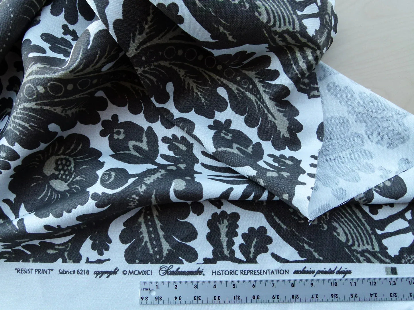Scalamandre Resist Print Taupe Bird Tree of Life Gray White Pomegranate 100% Linen MSRP USD 300/Y