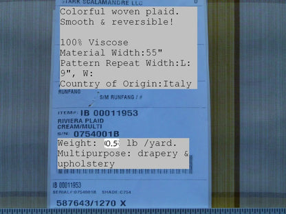 By Yard Scalamandre Riviera Plaid Fh Cream Multi Colorful Rainbow Mediterranean MSRP USD 216/Y