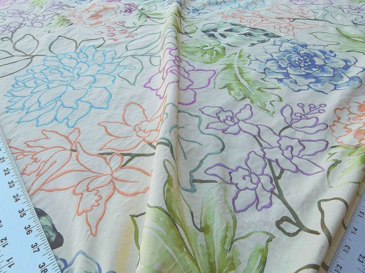 Scalamandre Fantasy Garden "apricot" Blues Cream Purple Green Pink Silk Print Embroidery MSRP USD 342/Y