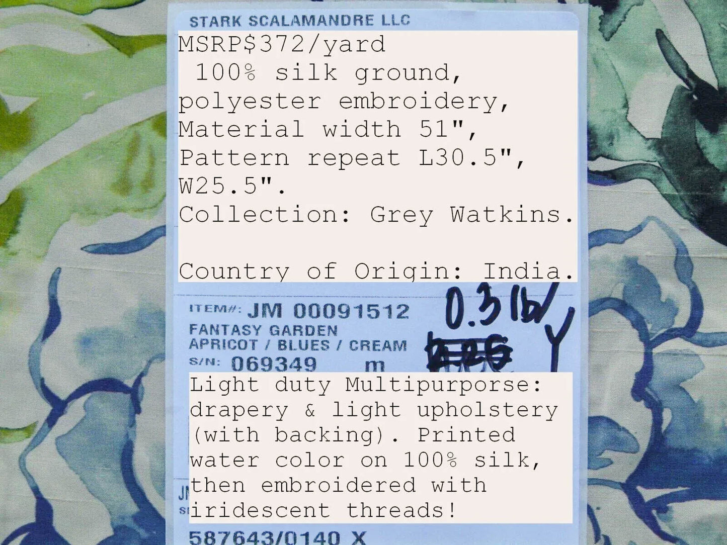 Scalamandre Fantasy Garden "apricot" Blues Cream Purple Green Pink Silk Print Embroidery MSRP USD 342/Y