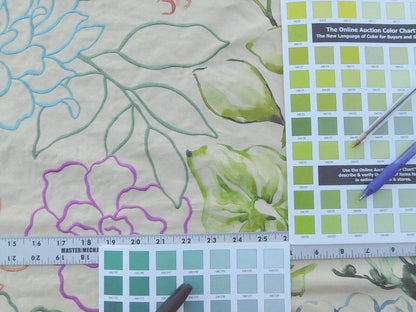 Scalamandre Fantasy Garden "apricot" Blues Cream Purple Green Pink Silk Print Embroidery MSRP USD 342/Y