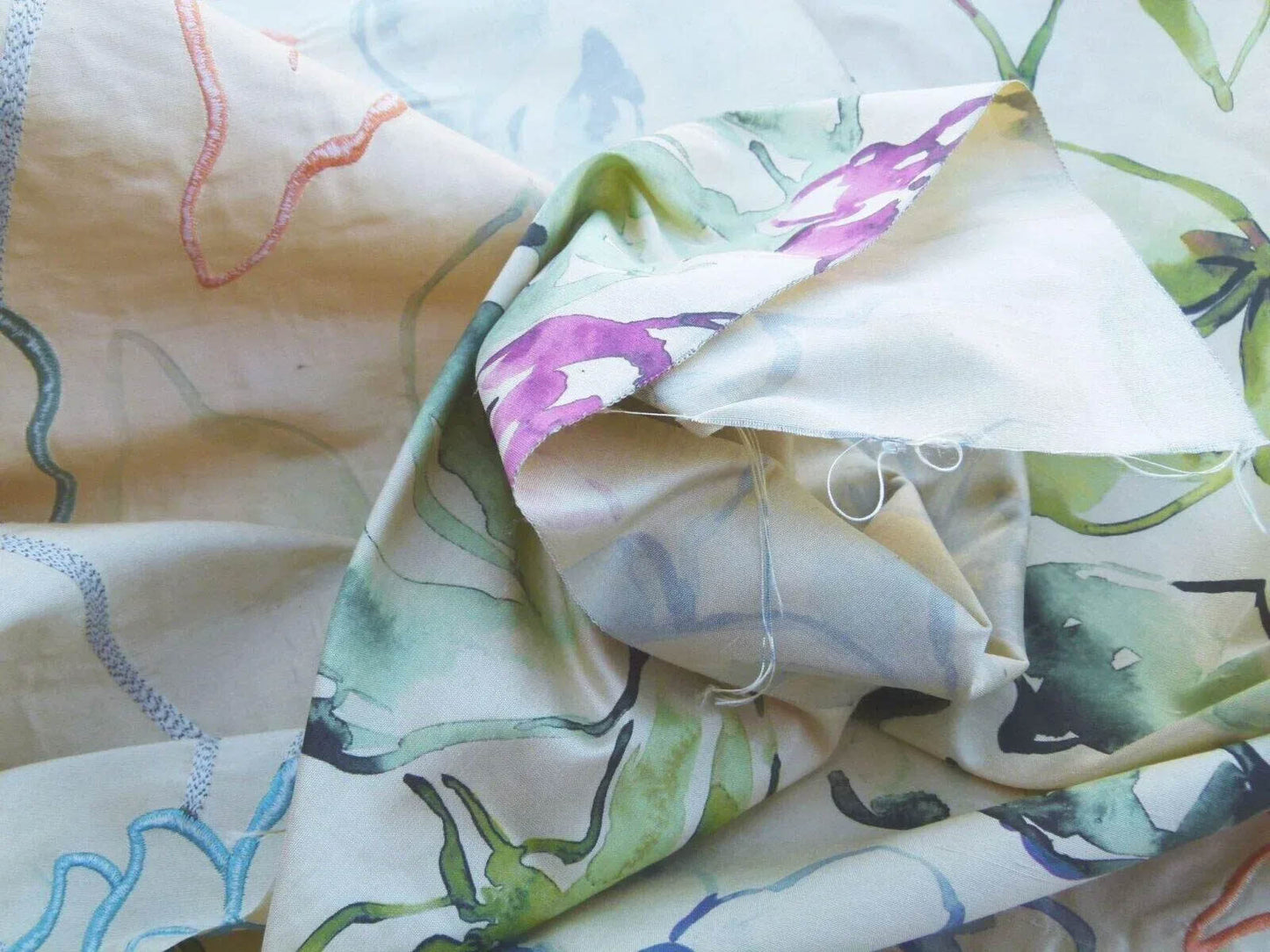 Scalamandre Fantasy Garden "apricot" Blues Cream Purple Green Pink Silk Print Embroidery MSRP USD 342/Y