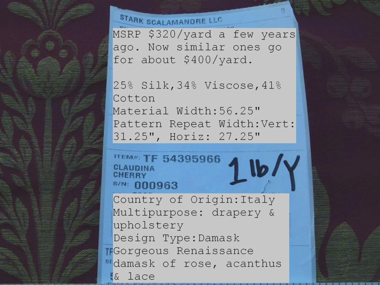 By Yard Claudina Cherry Deep Red Gold Scalamandre Renaissance Silk Damask Reversible Italy MSRP USD 320/Y