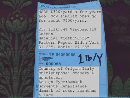 By Yard Claudina Cherry Deep Red Gold Scalamandre Renaissance Silk Damask Reversible Italy MSRP USD 320/Y