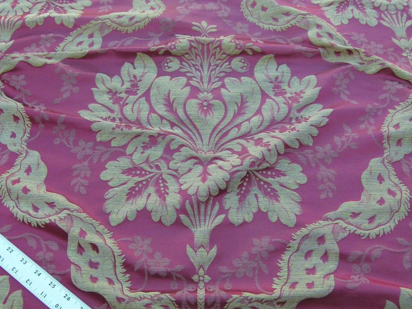 By Yard Claudina Cherry Deep Red Gold Scalamandre Renaissance Silk Damask Reversible Italy MSRP USD 320/Y