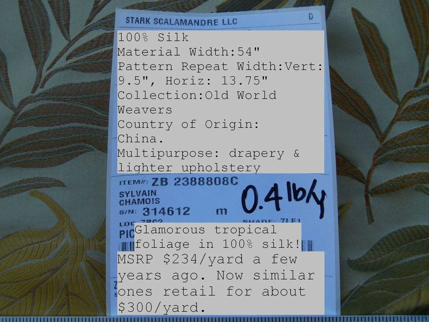 By Yard Scalamandre Sylvain Chamois  Silk Damask Tropical Foliage Monstera MSRP USD300+/Y