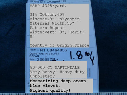 By Yard Scalamandre Old World Weavers Constantin Velvet Ocean Blue Shimmering Heavy! MSRP USD 398/Y