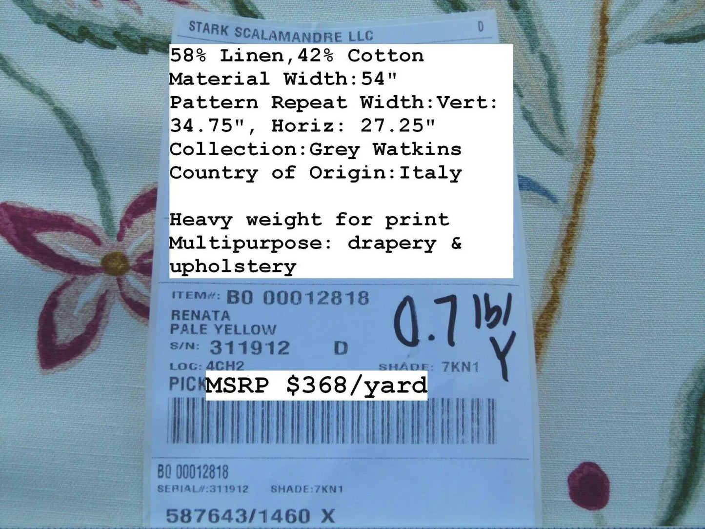 By Yard Renata Pale Yellow Grey Watkins Scalamandre Floral Toile MSRP USD 368/Y