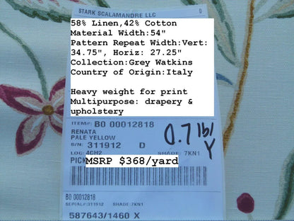 By Yard Renata Pale Yellow Grey Watkins Scalamandre Floral Toile MSRP USD 368/Y