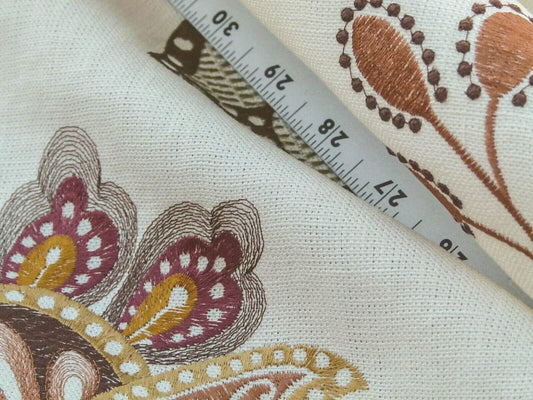 By Yard Scalamandre Mangalore Brown/multi Red Orange Mustard Gold Pomegranate Tulip Embroidery On Linen Heavy! MSRP USD 240/Y