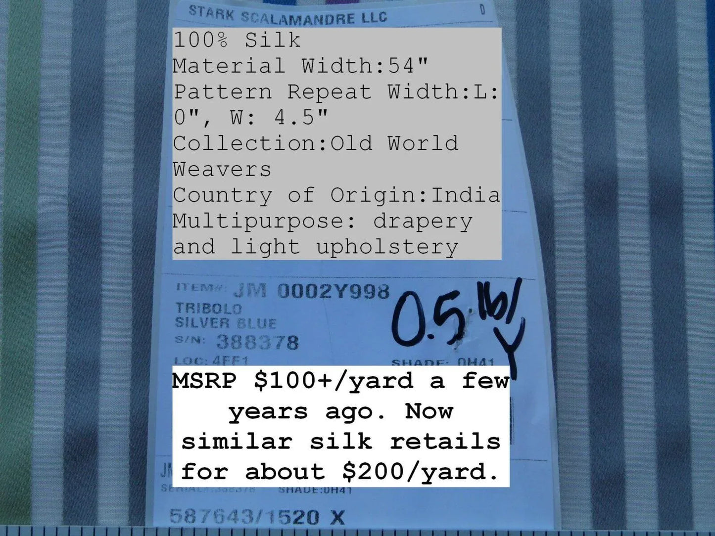 By Yard Tribolo Silver Blue Red Plum Spring Green on Beige Silk Stripe Scalamandre MSRP USD 200USD/Y