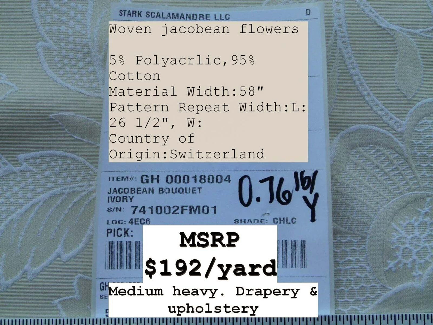 By Yard Jacobean Bouquet Woven Flowers Fh Ivory Scalamandre MSRP USD 192Usd/Y