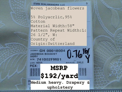 By Yard Jacobean Bouquet Woven Flowers Fh Ivory Scalamandre MSRP USD 192Usd/Y