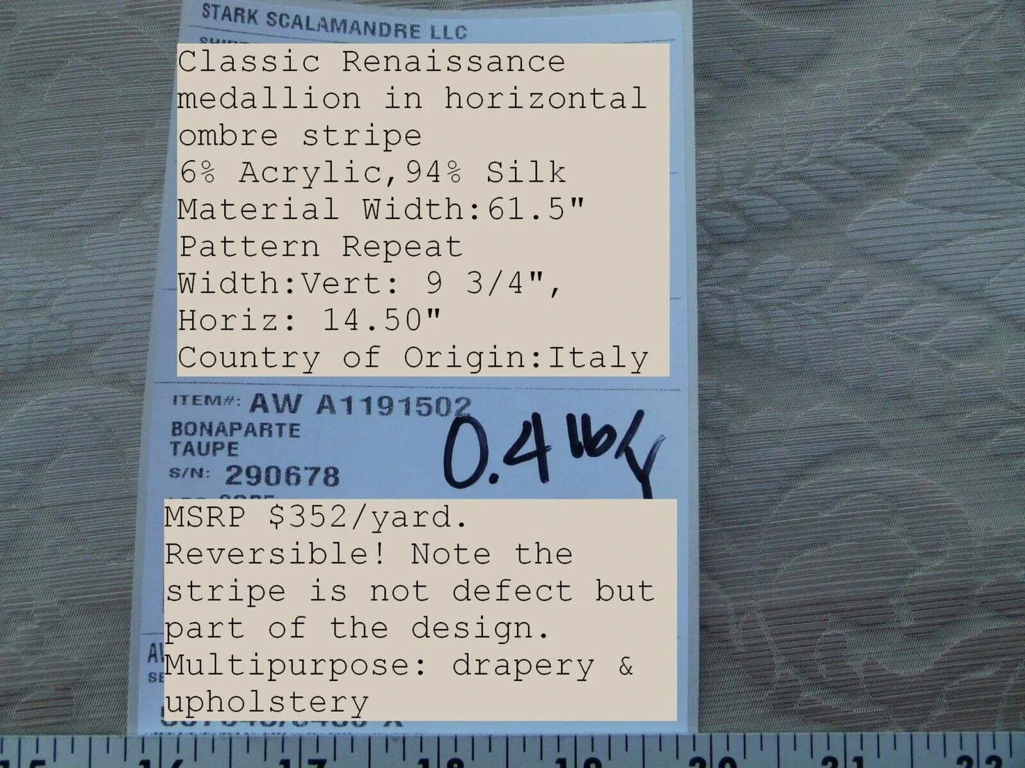 By Yard Bonaparte Taupe Scalamandre Silk Italy MSRP USD 352/Y